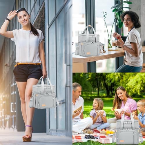 MAPLELILY Lunch Box for Men Women - Double Deck Insulated Lunch Bag, Large Leak Proof Tote Cooler, Wide Open Dual Compartment Lunch Bags with Shoulder Strap, For Work Picnic Hiking Beach, Grey
