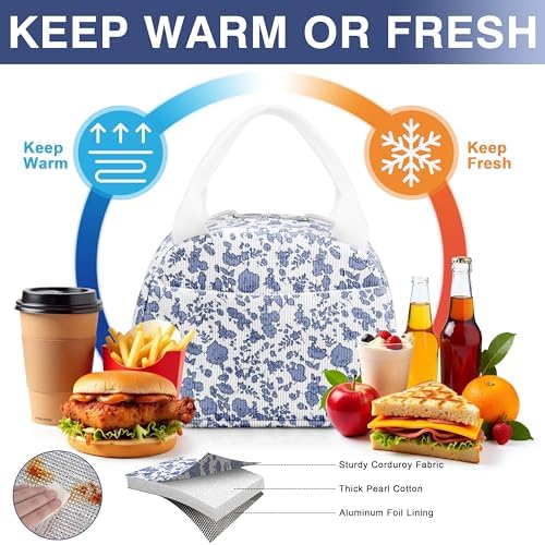 TESAFNG Lunch Bag - Insulated Lunch Box for Women, Reusable Large Capacity Cooler Bag for Adult, Small Leakproof Cute Corduroy Lunch Tote for Work Office Travel Picnic (Corduroy Navy Blue-Flower)