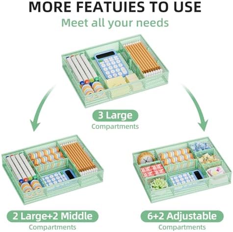 Marbrasse 2 Pack Desk Drawer Organizer, Mesh Drawer Organizer Tray with 8 Adjustable Compartments, Desk Organizers and Accessories, 5 Dividers Drawer for Office Supplies, Makeup & Vanity (Green)
