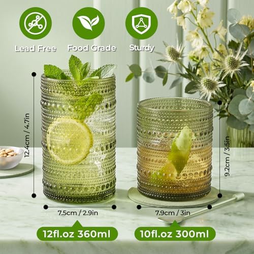 Hobnail Drinking Glasses Set of 12 Kitchen Glass Cups Glassware, Green