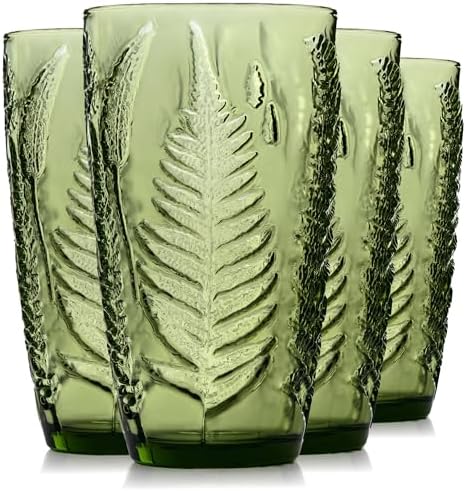 Green Drinking Glasses Set of 4, 16 oz Glass Cups, Vintage Fern Glassware