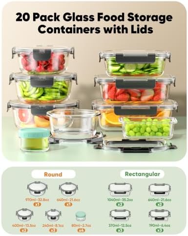 BiuLeon 40 PCS Glass Food Storage Containers with Lids, BPA-Free