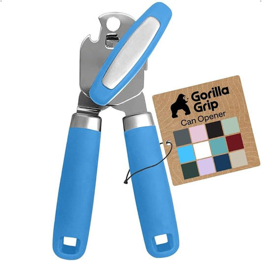 GORILLA GRIP Heavy Duty Stainless Steel Smooth Edge Manual Can Opener and Bottle Openers, Soft Comfortable Handle, Oversized Handheld Turn Knob, US Designed Multifunctional Kitchen Tool, Aqua