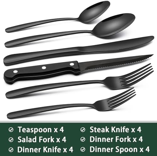 EWFEN 24-Piece Black Silverware Set with Steak Knives, Black Flatware Set for 4, Food-Grade Stainless Steel Tableware Cutlery Set, Mirror Finished Utensil Sets for Home Restaurant, Heavy Duty