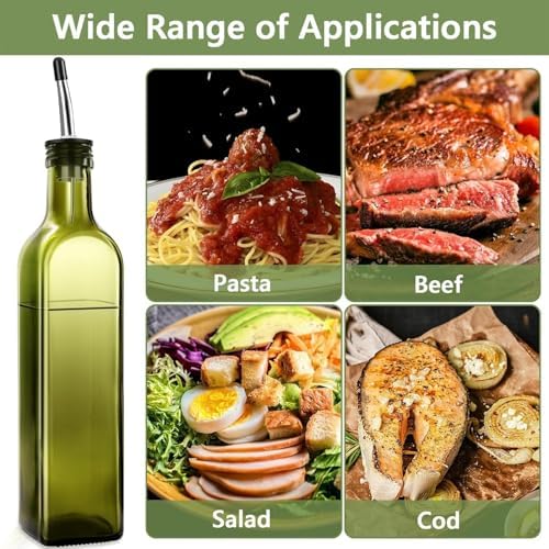 Glass Olive Oil Dispenser and Vinegar Dispenser Set with 2 Stainless Steel Pourers, 4 Labels, 1 Brush and 1 Funnel Oil Bottles for Kitchen (500ml)-Green (Olive Green)