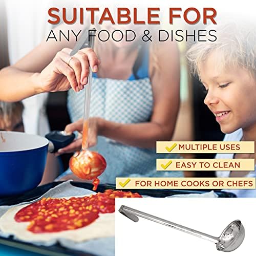Fit Meal Prep [2 Pack] Stainless Steel Soup Ladle - One-Piece Sauce Spatula with Hook Handles, Commercial Grade Serving Spoon, Kitchen Tool for Restaurant or Home Cooking, Mirror Finish, 14.25" Long