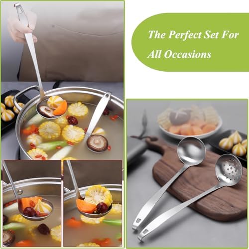 Cooking Ladles,Serving Scoop And Ladle Strainer Set Of 2 with Hook and Hole for Easy Hanging,Stainless Steel Soup Ladles Set for Kitchen