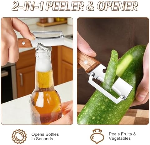 2026 Upgrade Vegetable Peeler With Wooden Handle, Stainless Steel Wide Blade Potato and Carrot Peeler, 3-in-1 Veggie Peeler With Scallion Shredder and Bottle Opener for Kitchen, Camping and Travel