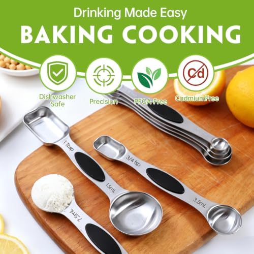 Measuring Spoons,Magnetic Measuring Spoons Set,304 Stainless Steel 7 Double Side Measuring Spoons Set and 1 Leveler with Strong N45 Magnetss,Heavy Duty Metal Kitchen Gadgets for Baking & Cooking
