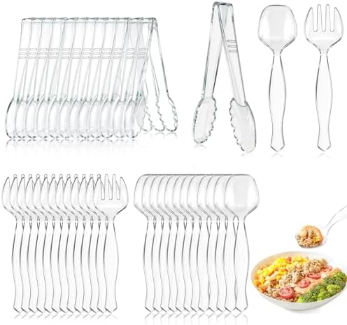 Mwellewm 36Pcs Serving Utensils Large Plastic Serving Utensils Set Serving Spoons for Buffet Clear Disposable Plastic Tongs 8.5'' Heavy Duty Slotted Spoons/Forks Supplies for Party Food Salad Soup