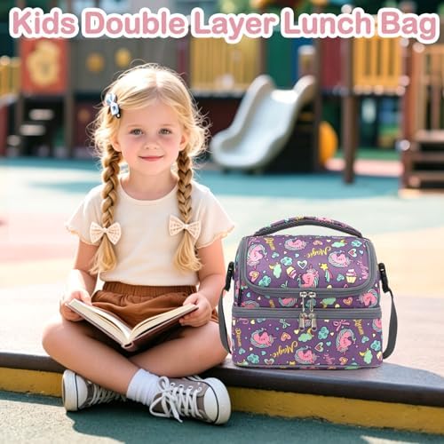 FlowFly Double Decker Cooler Insulated Lunch Bag Large Tote for Boys, Girls, Men, Women, With Adjustable Strap (Purple-Unicorn)