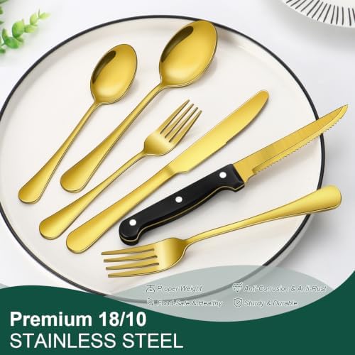 24-Piece Gold Silverware Set with Steak Knives Black Stainless Steel Flatware Set for 4 Food Grade Tableware Cutlery Set Rust-proof, Mirror Polished, Dishwasher Safe