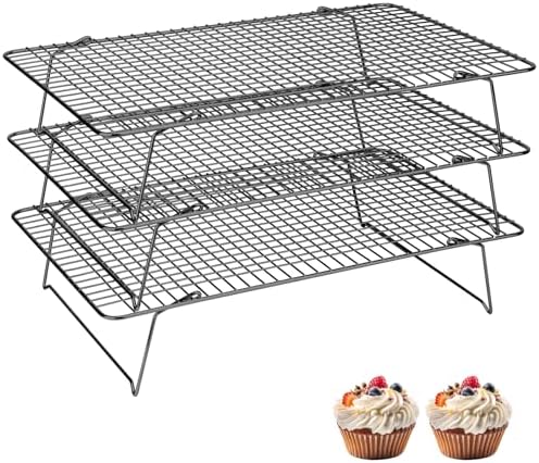 Pleafind 3 Pieces Stackable Cooling Rack - 16 x 10 Inch Wire Rack, 0.43" Dense-Grid Cooling Racks for Cooking, Baking, Roasting, Grilling, Oven and Dishwasher Safe, Black