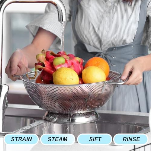 304 Stainless Steel Colander, Micro-Perforated 3-Quart Strainer with Base, Dishwasher Safe. Great for Pasta, Noodles, Vegetables & Fruits