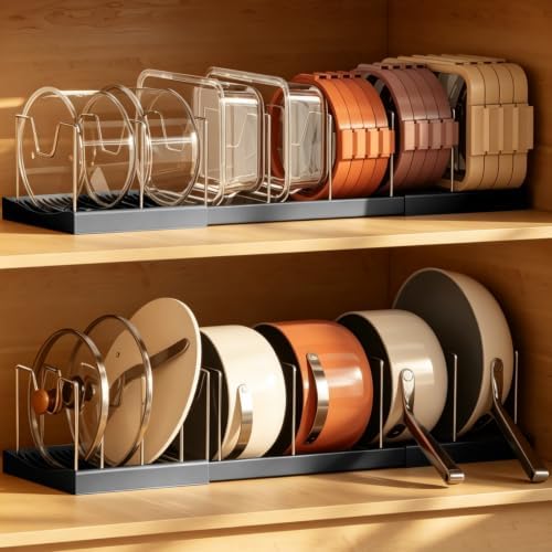 Magheo 2 Pack Pots and Pans Organizer Under Cabinet, Expandable 12.6"-22.8" Kitchen Cabinet Organizer Holder with 10 Adjustable Dividers for Food Storage Container Lid, Cookie Sheet, Cookware(Black)