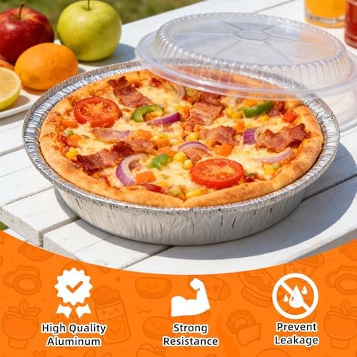 50 Pack 9" Round Aluminum Pans with Clear Lids, Pie Tins Disposable Foil Pans with Lids, Take Out Containers, Freezer Oven Safe Aluminum Baking Pans for Storing, Baking, Meal Prep & Reheating