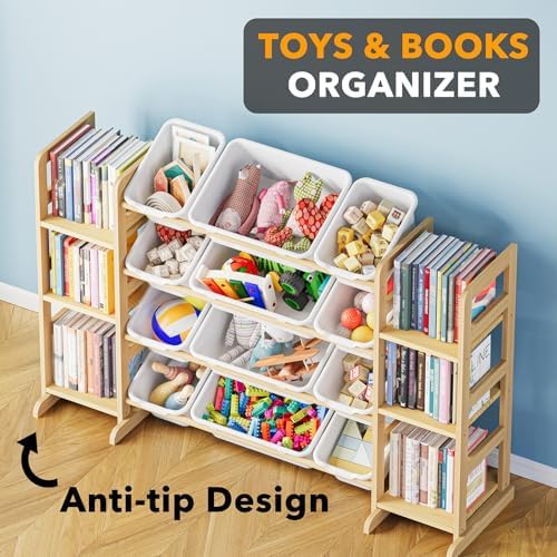 SpaceAid Toy Storage Organizer with 6 Shelves and 12 Bins, Bookshelf/Bookcase, Kids Bin Shelf, Toys Box for Playroom Organization for Bedroom & Room Decor, White, 52.3" W