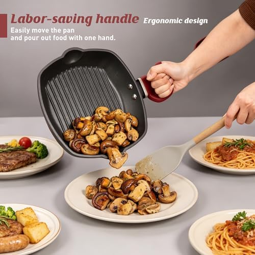 Enamel Matte Cast Iron Grill Pan,11 Inch,Wrist Saver,Ergonomic Handle for Effort-saving