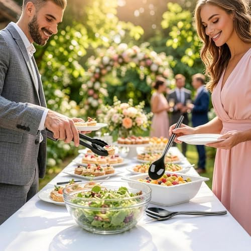 48 Pcs Disposable Black Plastic Serving Utensils, Forks Spoons Tongs