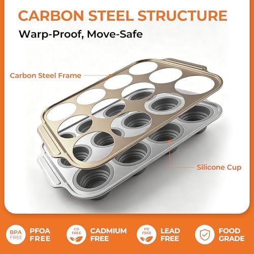 12-Cup Collapsible Silicone Muffin Pan with Metal Frame & Spatula - Space Saving Foldable Cupcake Tray - Easy Release Baking Mold for Egg Bites, Muffins & Tart - Dishwasher Safe Grey