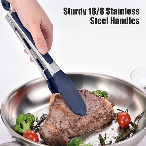 Doosu Kitchen Tongs with Silicone Tips for Cooking Serving (9in, Navy Blue)