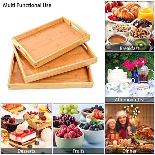 3 Pack Bamboo Serving Trays with Handles, Wooden Food Trays (Beige)
