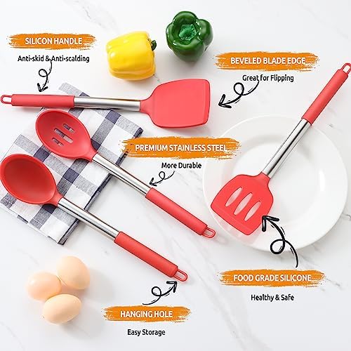 Cooking Utensils Set of 4, E-far Silicone Kitchen Utensils for Non-stick Cookware, Heat Resistant & Non-toxic Slotted Spatula Solid Spoon Turner for Flipping Mixing Serving Basting(Red)