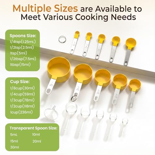 16PCS Measuring Cups and Spoons Set, Measuring Spoon Set with Metric and US Measurements, Fits for Measuring Dry and Liquid (Yellow)