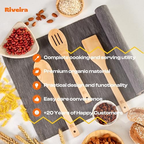 Riveira Maple Wooden Spoons for Cooking Set of 3 – Natural Maple Wooden Cooking Utensils, Wooden Spatula, Wooden Spoon - Premium Quality Utensil Set for Non-Toxic Cooking