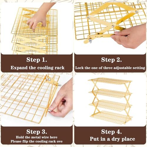 Pleafind 4 Tier Gold Collapsible Cooling Rack - 3 Setting Design, Adjustable ＆ Stackable Baking Rack, 5 Modes Cooling Racks for Cooking and Baking, Roasting ＆ Grilling Gifts for Picnic Party