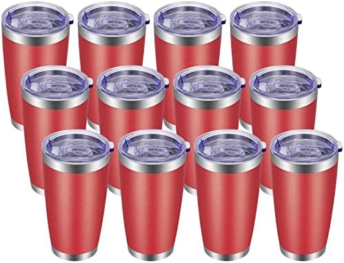 VEGOND 20oz Tumbler with Lid and Straw Stainless Steel Tumbler Cup Bulk Vacuum Insulated Double Wall Travel Coffee Mug Powder Coated Coffee Cup, Red, 12 Pack