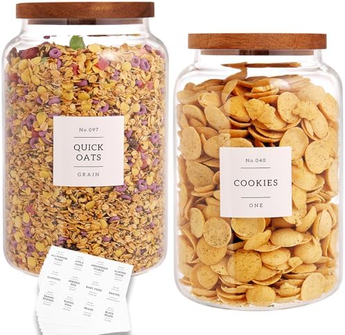 CZHQSMZ Set of 2 Large Glass Flour and Sugar Containers with 132 Pantry Labels - Glass Food Storage Jars with Airtight Bamboo Lid for Flour Pasta Candy Coffee Cookie and More(1 Gallon/4000 ml)