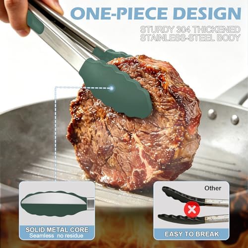 TACGEA Stainless Steel Kitchen Tongs with Silicone Tips, Locking Grilling Food Tongs, 9" and 12", Set of 2 Dark Green