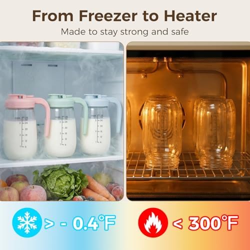 Breast Milk Pitcher 32 OZ, Heat & Cold Resistant, Sudden Temperature Safe, Fast Baby Formula Maker with Wide Mouth, No Leak Borosilicate Glass Fridge Storage Container for Juice, Cold Brew-Blue