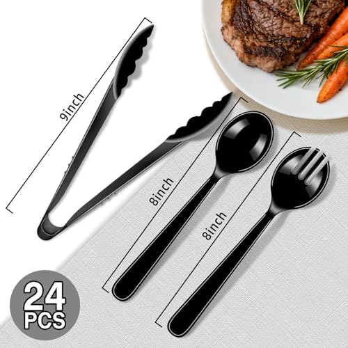 24 Pcs Black Plastic Serving Utensils Set, Disposable & Reusable Supplies