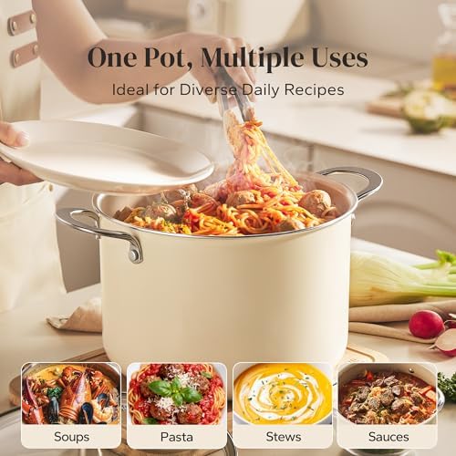 Redchef Ceramic Stock Pot with Lid, 8 Qt Soup Pot Nonstick for Family Cooking, Pasta Pot Large Induction Cooking Pot, Stay-Cool Handles, Even Heating, Oven/Dishwasher Safe, PFOA Free, Beige
