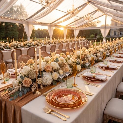 Rubtlamp 60Pcs Amber Plastic Plates - Brown Disposable Plates With Gold Rim, Clear Heavy-duty Party Plates, Hammered Plates Include 30 Dessert Platos, 30 Dinner Platos for Party