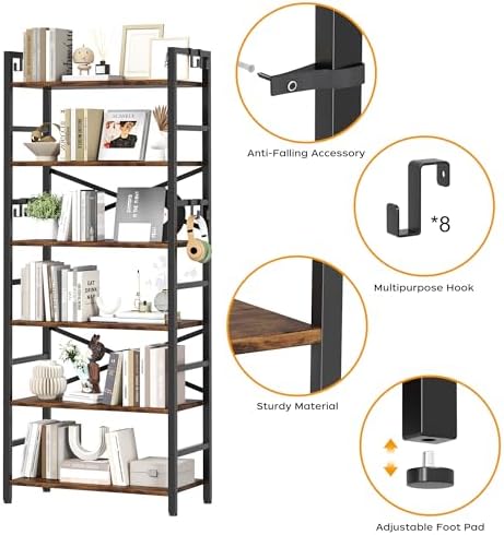 Homeiju 6 Tier Bookshelf, Industrial Bookcase with 8 Hooks, Vintage Storage Rack with Open Shelves, Rustic Standing Bookshelves Metal Frame Display Rack for Living Room, Bedroom, Rustic Brown