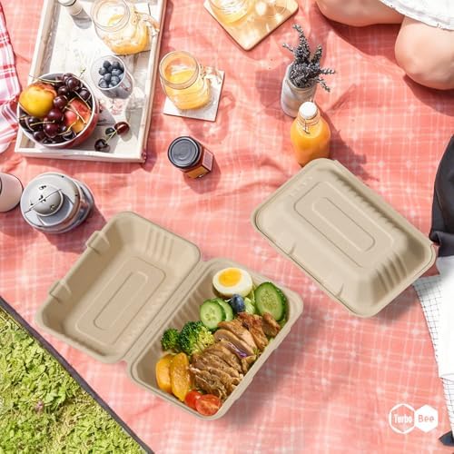 Turbo Bee 75 Pack Natural Compostable Take Out Containers, 9x6 Disposable Clamshell Food Containers with Lids, To Go Boxes for Food Truck, BBQ, Meal Prep & Catering