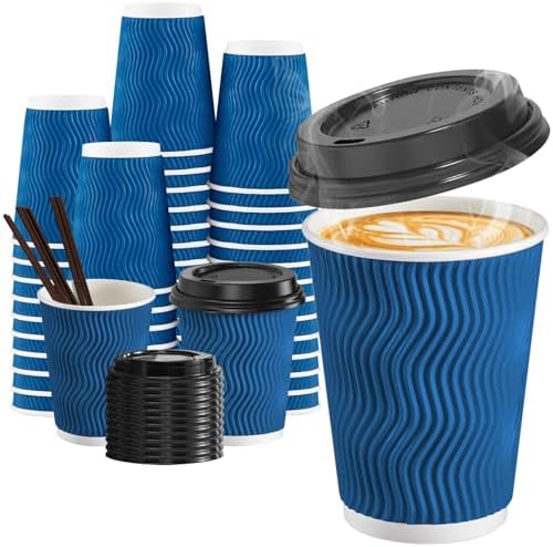 SIUQ 90 Pack 12 oz Disposable Coffee Cups with Lids and Straws - Navy