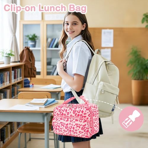FlowFly Kids Lunch box with buckle Insulated Cooler Back to School Thermal Meal Tote Kit for Girls, Boys, Pink Cow