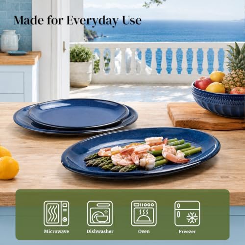 DOWAN Ceramic Serving Platter Set of 3-16"/14"/12" Large Serving Tray for Party Food, Turkey & Cheese, Oval Serving Dishes for Entertaining - Oven & Dishwasher Safe - Blue