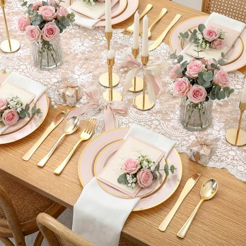 WDF Partyware 175PCS Pink plastic Plates - Pink Disposable Plates 25Guests Disposable Dinnerware Sets with Rolled Napkins for Wedding/Birthday/Baby Shower