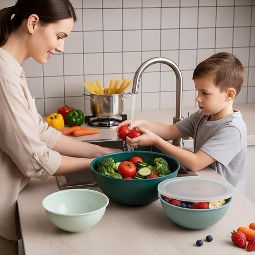 BoxedHome BPA Free Plastic Round Mixing Bowl with Lids, 12 Pack Nesting Bowls with Lids Set, Microwave and Dishwasher Safe Prep & Serving Bowls Great for Mixing, Baking, Serving (Green, 12pcs)