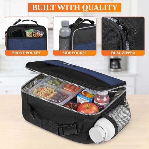 opux Insulated Lunch Bag for Kids, Reusable Lunch Box for School, Navy Blue