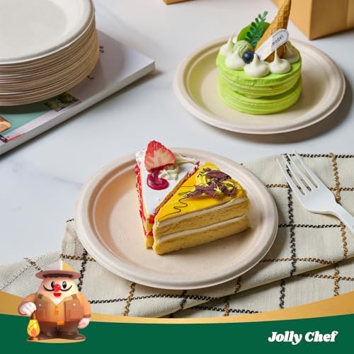 JOLLY CHEF 100% Compostable Small Paper Plates, 200 Pack 6 Inch Heavy Duty Dessert Plates, Disposable Biodegradable Eco-Friendly Sugarcane, Bulk Nature