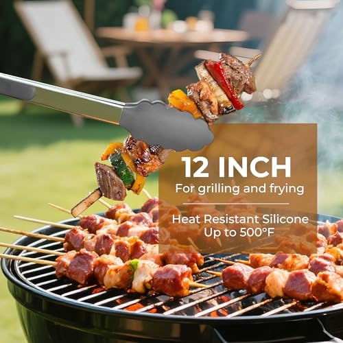 Stainless Steel&Silicone Food Tongs Set of 2 (9+12 Inch)-BPA-Free&Non-Toxic Heat Resistant Non-Scratch BBQ&Cooking Tools,Strong Grip Locking for Grilling,Air Fryer,Salad,Dishwasher Safe