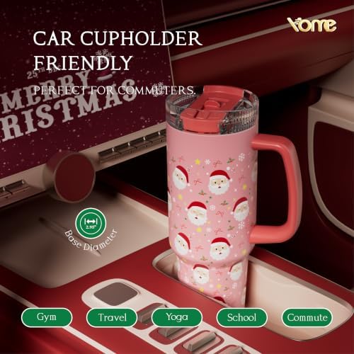 YOME DetaClean 40oz Christmas Tumbler with Handle and Flip Straw for Women | 100% Disassemblable Lid | Stainless Steel Insulated Water Bottle | 100% Leak Proof | Keeps Drinks Cold