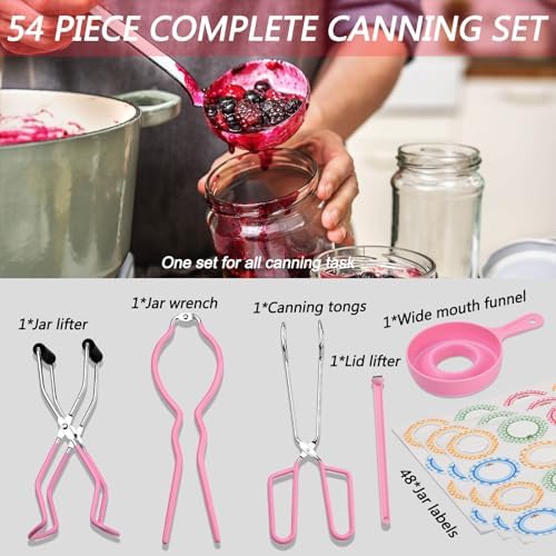 Home Canning Supplies Starter Kit, Food Grade Stainless Steel Canning Tools with Jar Lifter Tongs, Funnel, Labels, Magnetic Lid Lifter, Essential Canning Accessories Equipment Set for Beginners, Pink