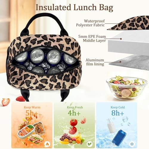 CAMTOP Lunch Box for Women Men Insulated Lunch Bag Lunch Tote Bag Leakproof Thermal Cooler Large Capacity for Travel Work School Picnic (Leopard)